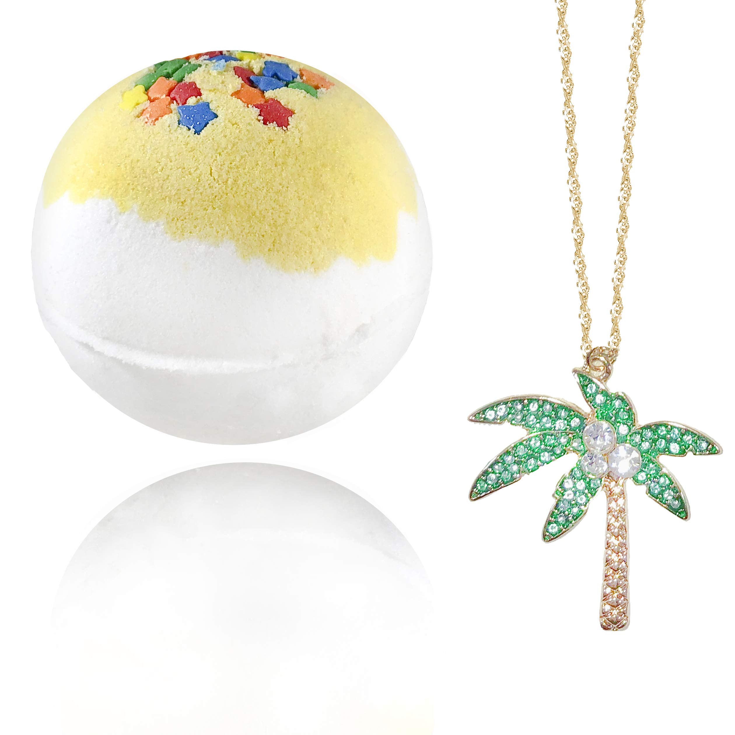 Handmade Bath Bombs with Jewelry Necklace Inside - Beautiful Palm Tree Inside - Fruity Scent with Treasures Inside - Organic Bathbomb in Gift Box for Women, Girls, Her, Mother