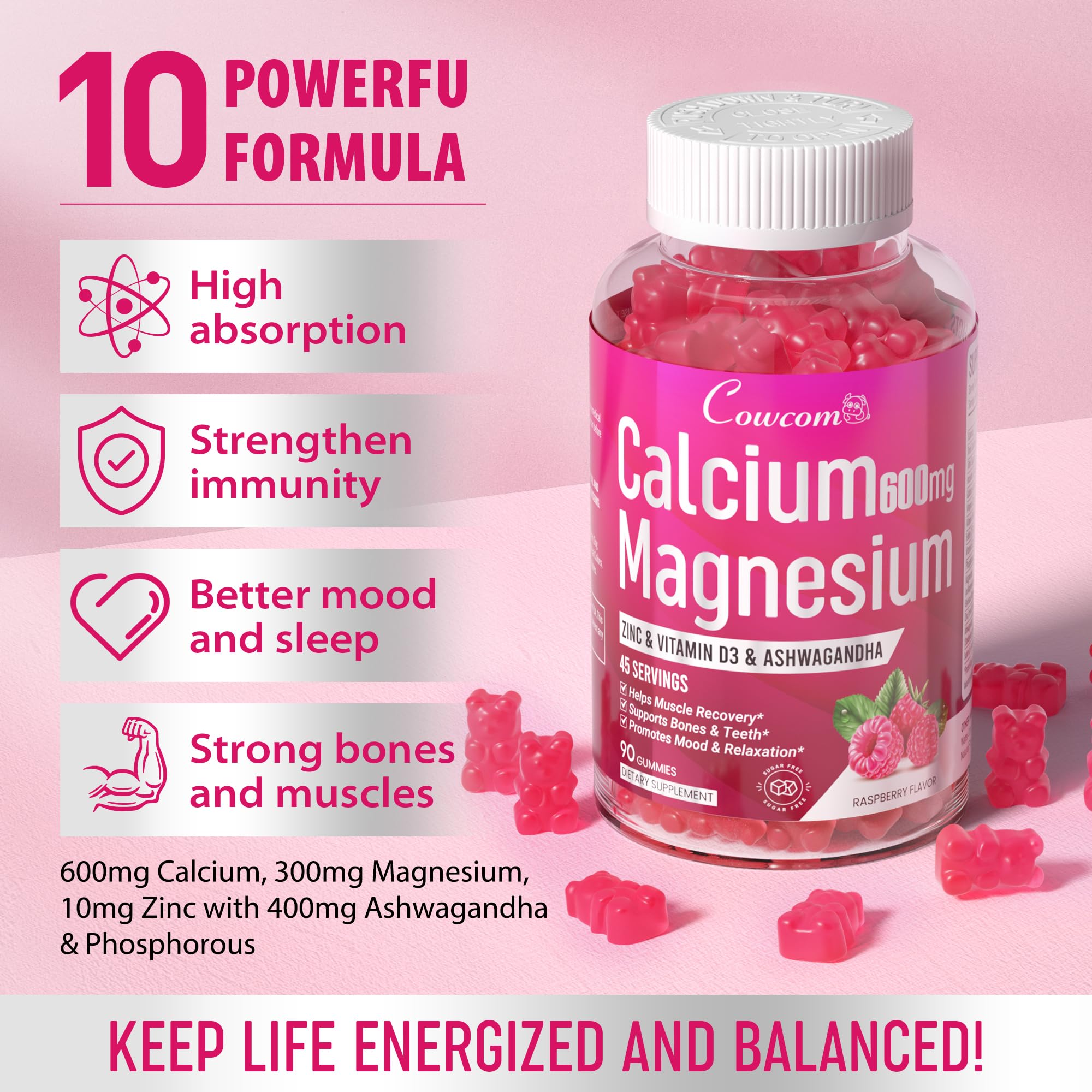Calcium Magnesium Zinc Gummies Sugar-Free with Vitamin D3 B6 B12,High Absorption Calcium Magnesium Supplement,Bone, Muscles,Calm Mood,Sleep Support for Kids adults,90 Count Vegan Raspberry Flavor