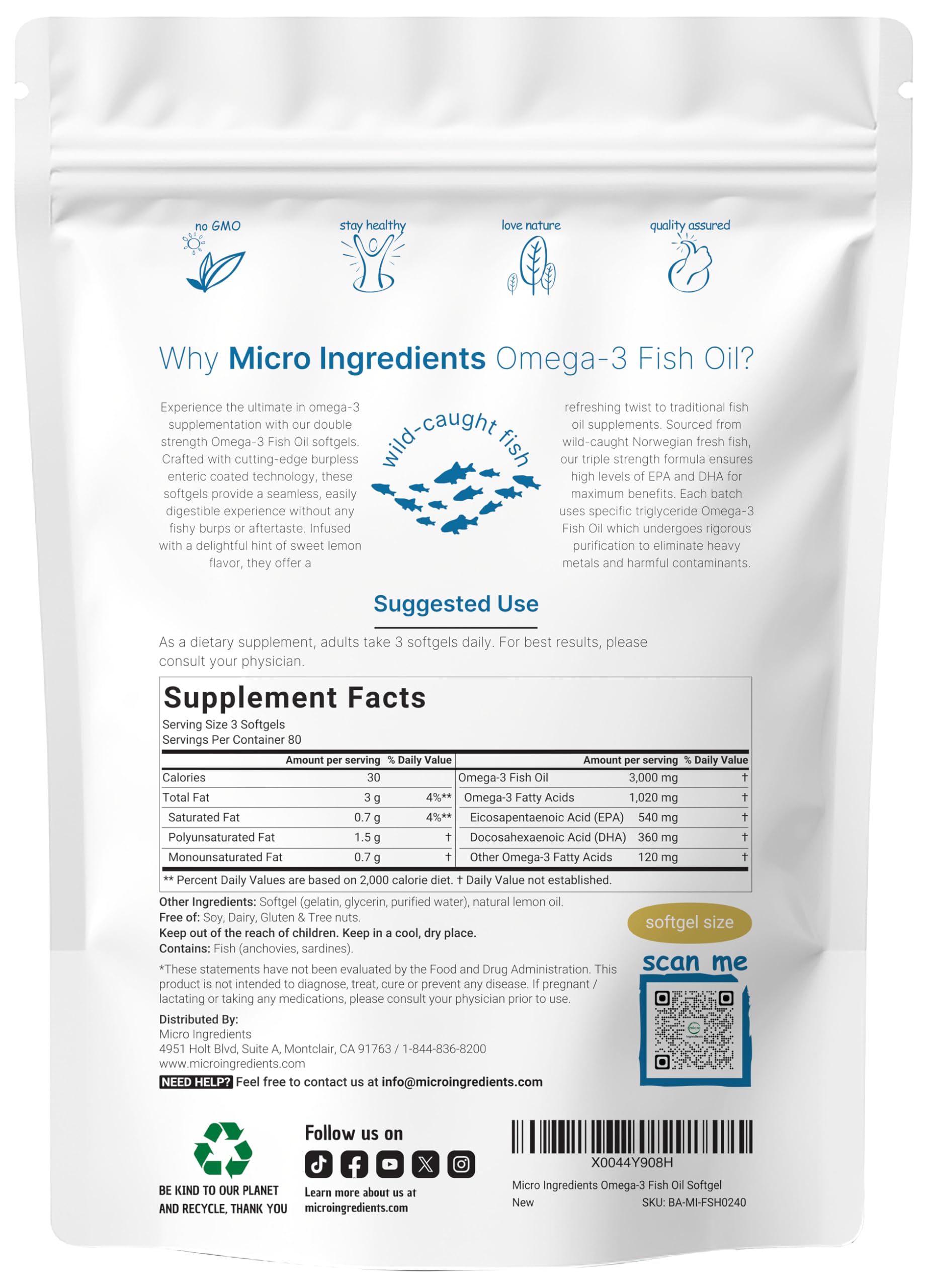 Omega 3 Fish Oil Supplements 3,000mg Per Serving, 240 Softgels | Lemon Flavored – Burpless | EPA 540mg + DHA 360mg | Heart & Brain Support | Deep Sea Fish