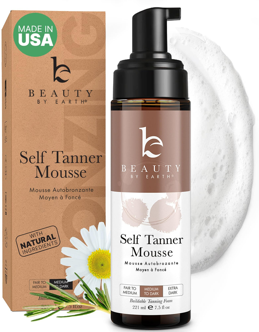 Self Tanner Mousse - USA Made with Natural & Organic Ingredients, Self Tanning Mousse for Dark Fake Tan, Sunless Tanner, Clear & Non Toxic Tanning Foam for Streak Free Finish, No Nasty Smell