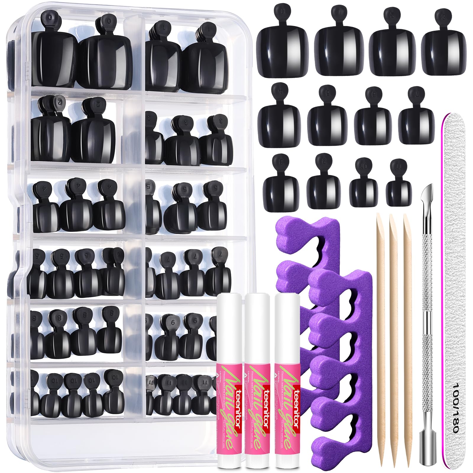 Teenitor Toe Nail Press ons with Glue Set, 120pcs Black Press on Toenails for Women Toe Press on Nails, Fake Toe Nails Tips Kit False Toenails Square