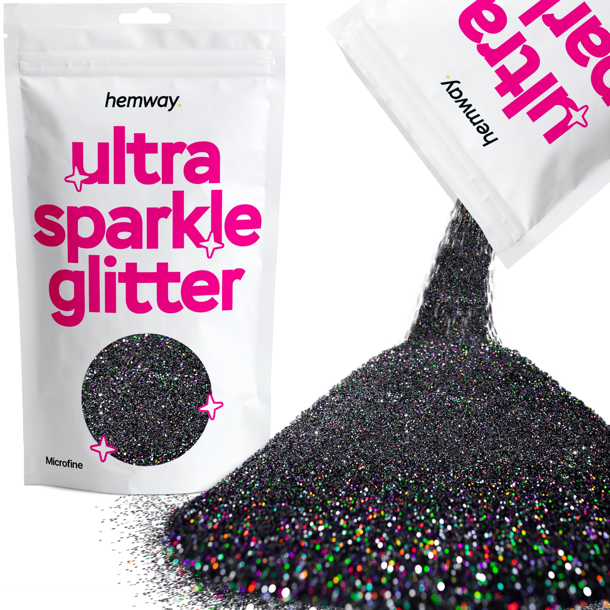 Hemway Premium Ultra Sparkle Glitter Multi Purpose Metallic Flake for Arts Crafts Nails Cosmetics Resin Festival Face Hair - Black Holographic - Microfine (1/256 0.004 0.1mm) 100g / 3.5oz