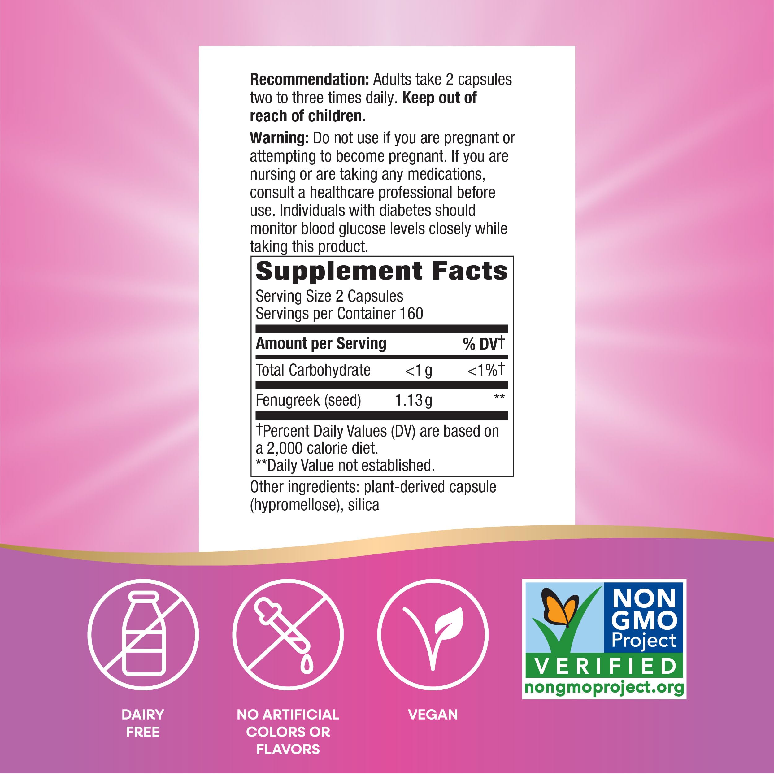 Nature's Way Fenugreek Seed Supplement, Fenugreek for Traditional Breastfeeding Lactation Support*, Non-GMO Project Verified, Vegan, 320 Capsules (Packaging May Vary)