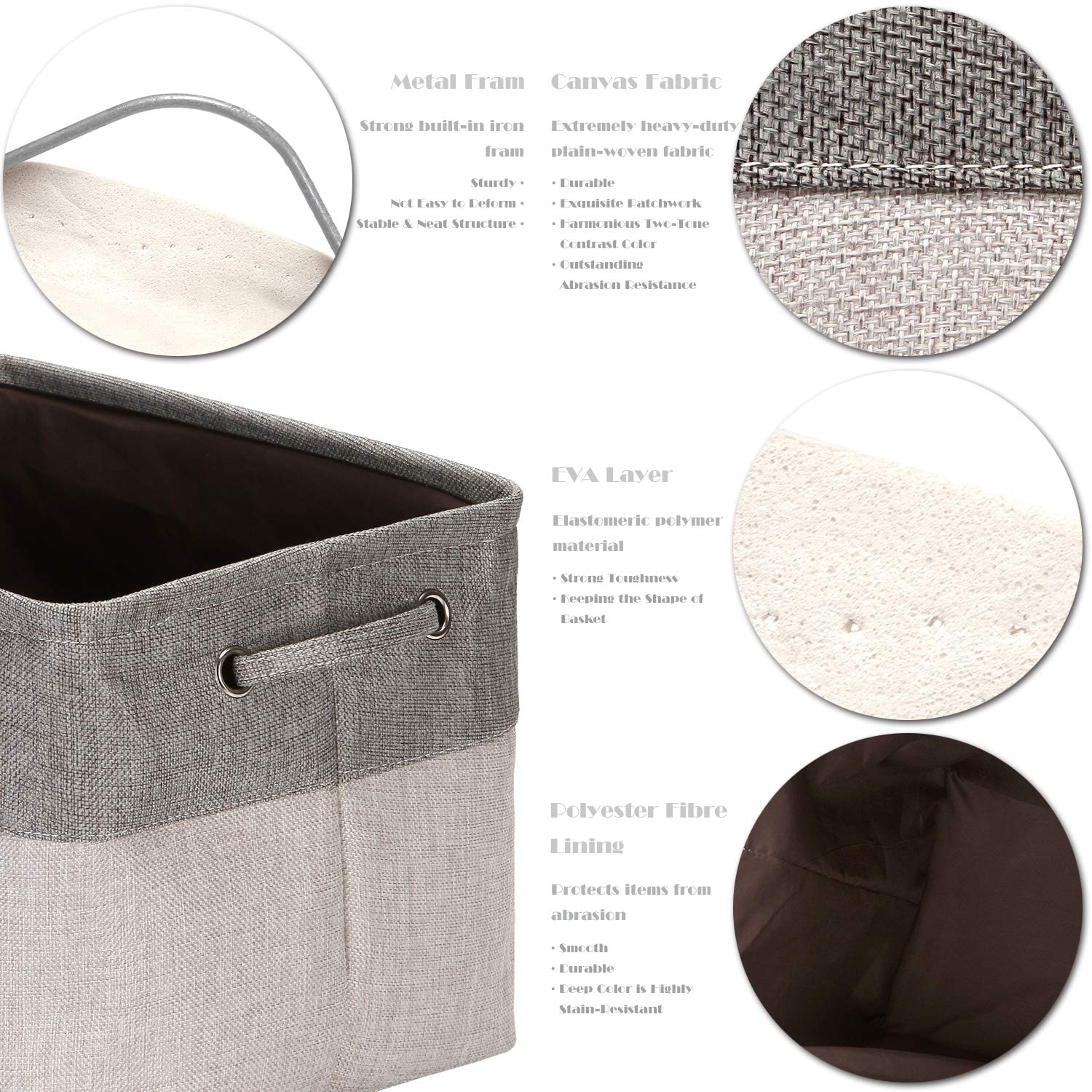 Sea Team 3-Pack Large Storage Basket Set, Trunk Organizer, Clothes Toys Bin, 15 x 10 x 10 Inches, Big Rectangular Canvas Fabric Collapsible Shelf Box with Handles for Kids Room (Ash Grey/Grey)