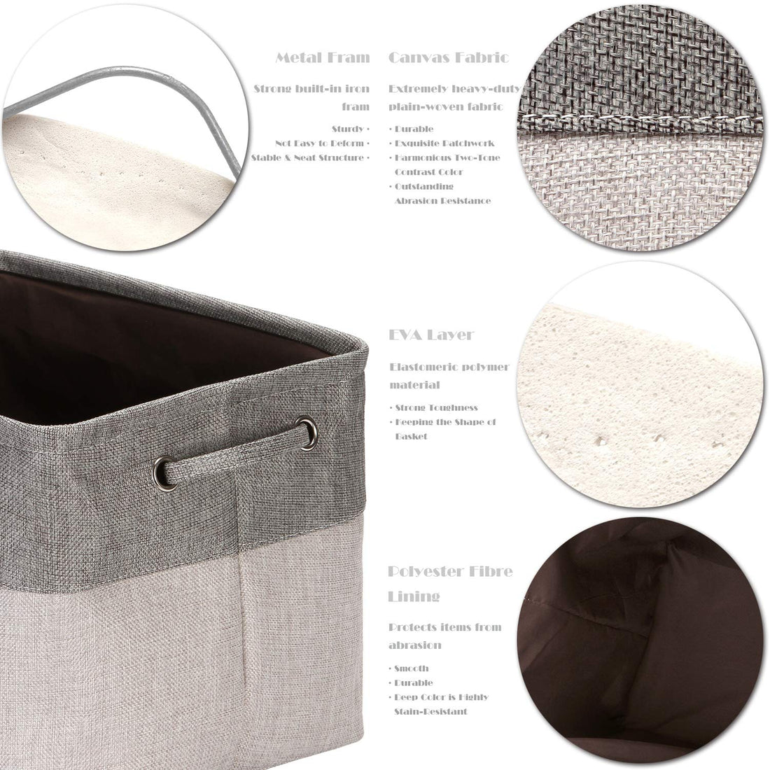 Sea Team 3-Pack Large Storage Basket Set, Trunk Organizer, Clothes Toys Bin, 15 x 10 x 10 Inches, Big Rectangular Canvas Fabric Collapsible Shelf Box with Handles for Kids Room (Ash Grey/Grey)