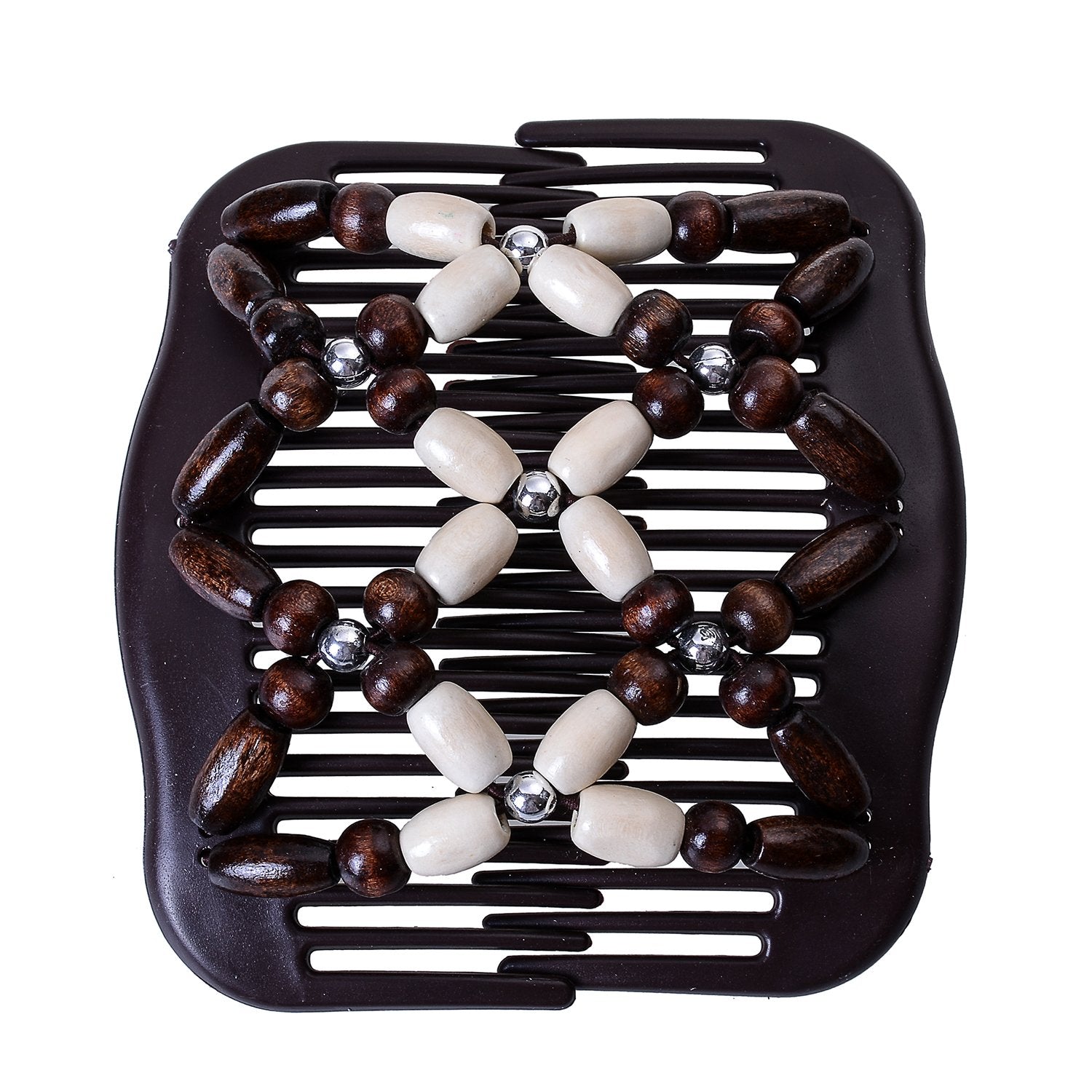 Lovef Women Magic Combs Wood Beaded Stretch Double Side Combs Clips Bun Maker Hair Accessories (Beige)