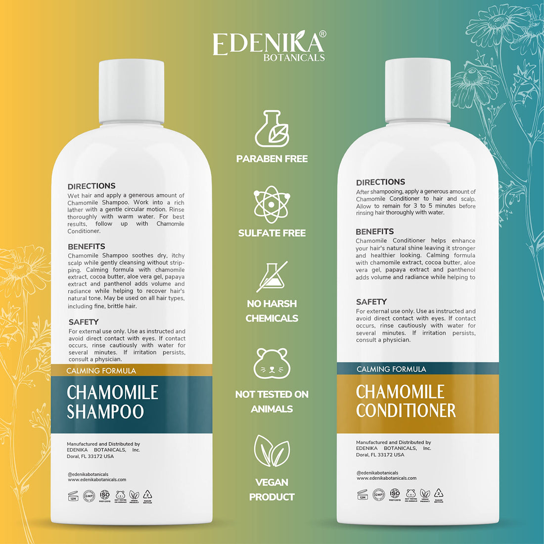 Edenika Botanicals Chamomile Shampoo and Conditioner Set, Calming Formula with Certified Organic and Natural Ingredients Intense Nourishment Makes Hair Feel Soft and Smooth 16oz Each