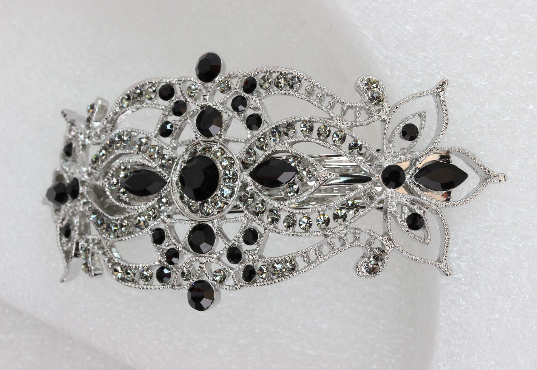 Faship Gorgeous Black Rhinestone Crystal Big Floral Hair Barrette - Black