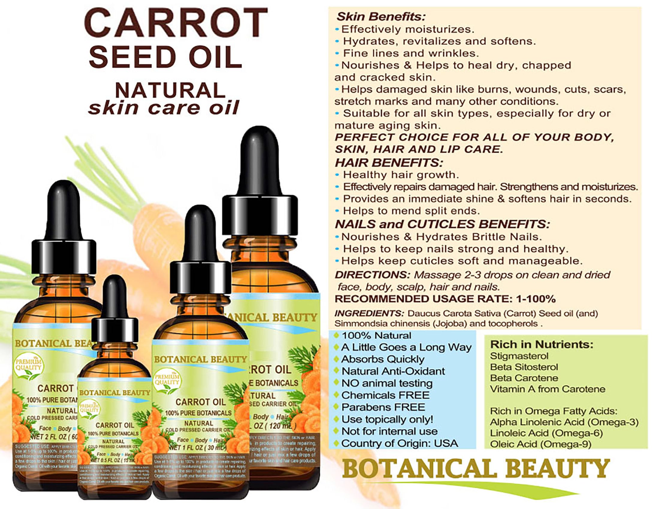 Botanical Beauty CARROT OIL 100% Natural Pure Botanicals Cold Pressed Carrier Oil 0.5 Fl. oz. - 15 ml. For Face, Body, Hair and Nail Care