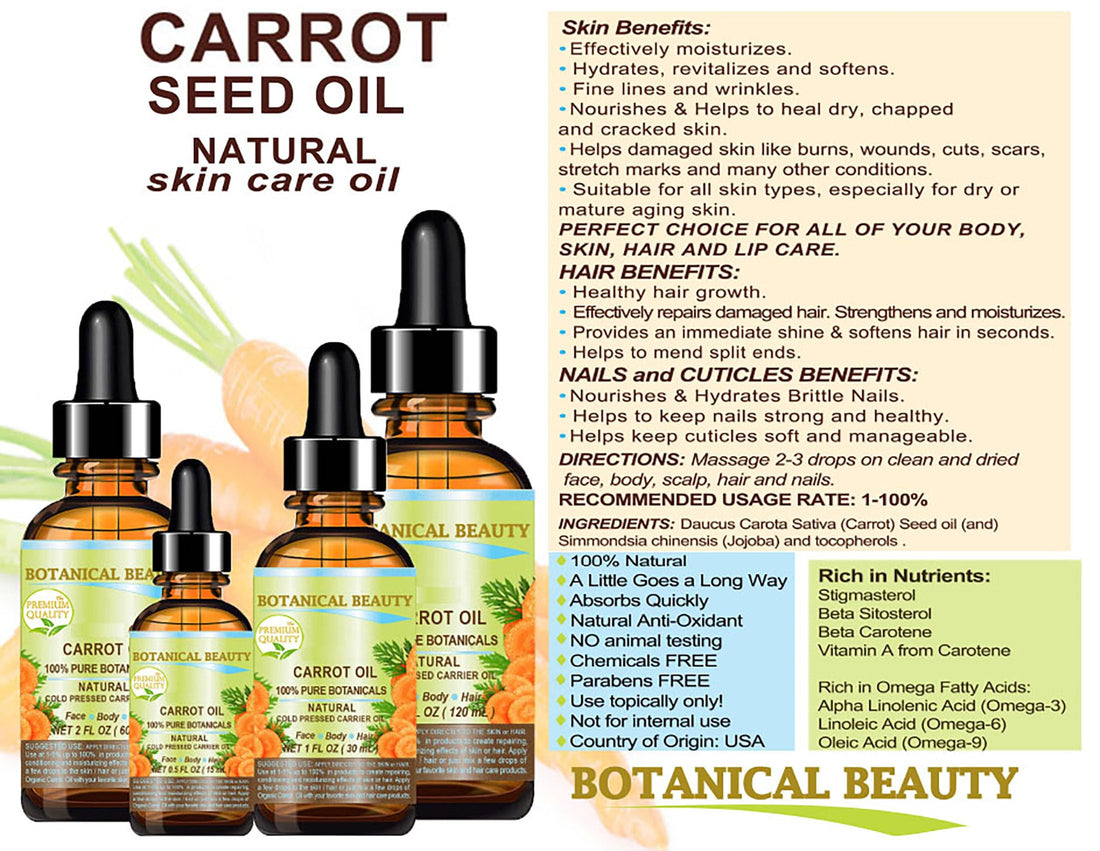 Botanical Beauty CARROT OIL 100% Natural Pure Botanicals Cold Pressed Carrier Oil 0.5 Fl. oz. - 15 ml. For Face, Body, Hair and Nail Care