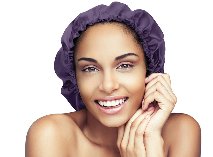 Satin Bonnet-Premium, Extra Large Satin Sleep Bonnet Cap, Double Layered, Reversible, Multi Color, (Purple/Black) Adjustable Satin Cap by Glow By Daye