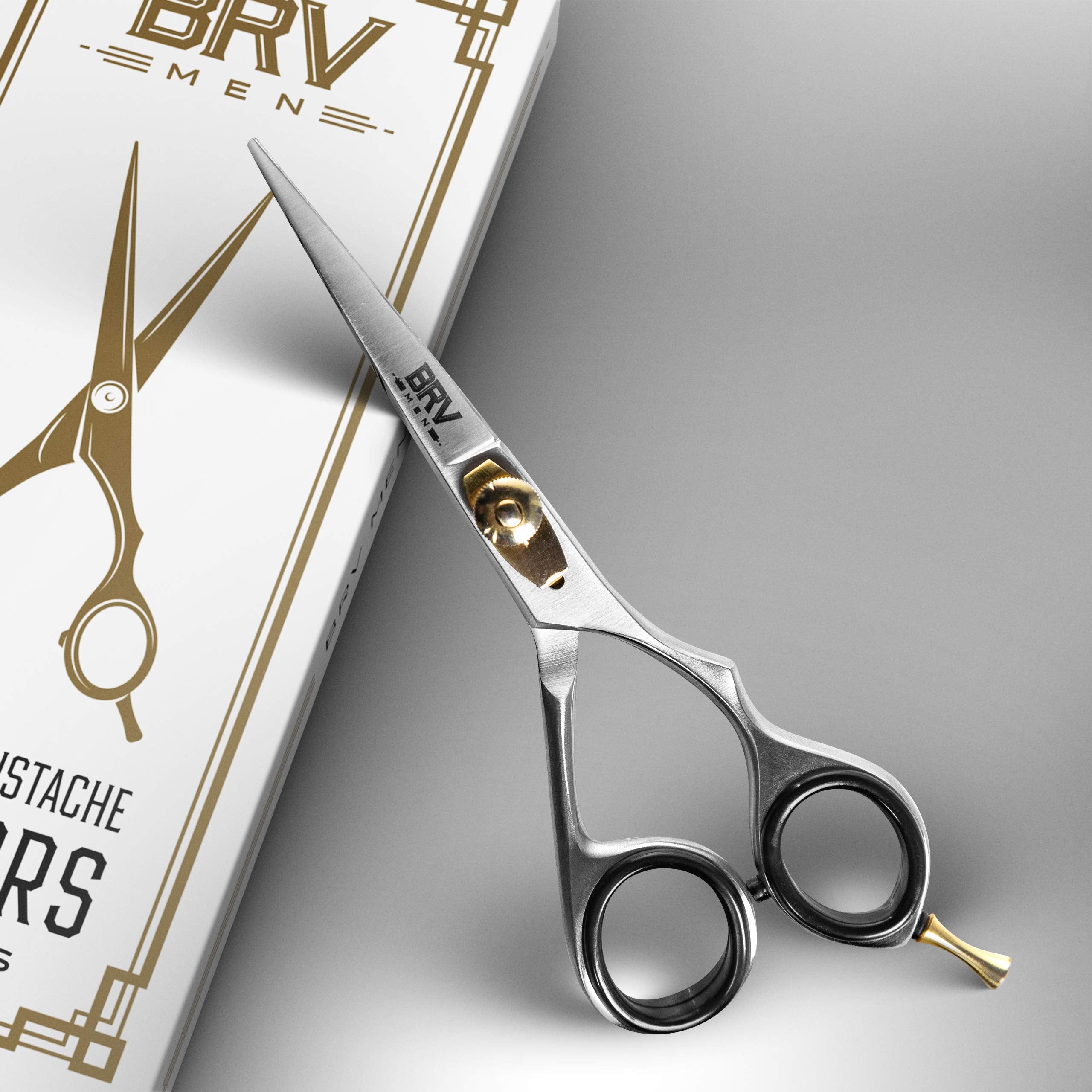 BRV MEN Professional Mustache & Beard Trimming Scissors - 5.5 | High Carbon Stainless Steel & Hammer Forged Mustache Scissors | Razor Sharp Facial Hair Trimming Shears (RIGHT HANDED - Silver)
