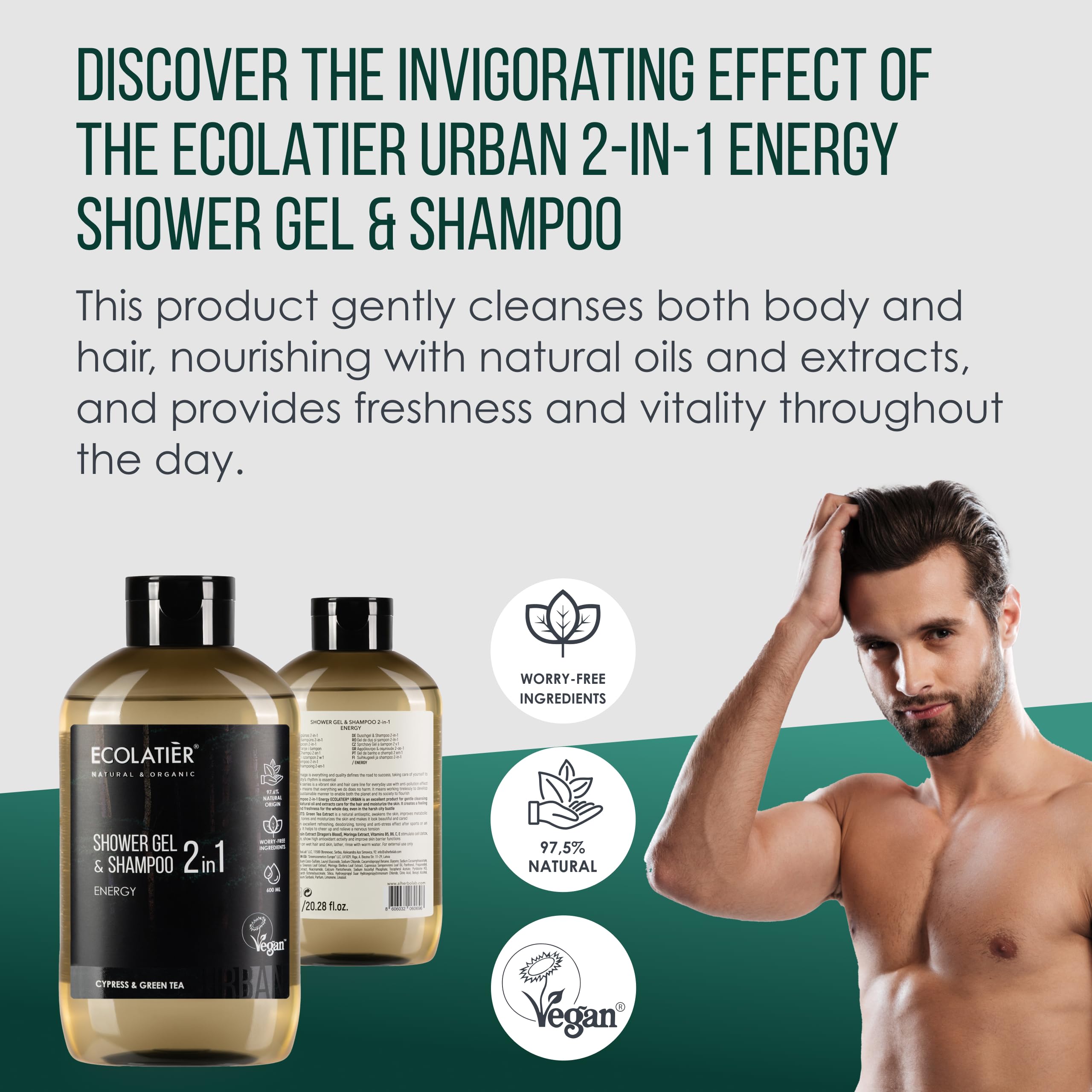 ECOLATIÈR 2-in-1 Body Wash Men & Shampoo Men - Energy Boost, 97.5% Natural Ingredients, Vegan, Natural Body Wash & Hair Cleanser, 20.3 Fl Oz