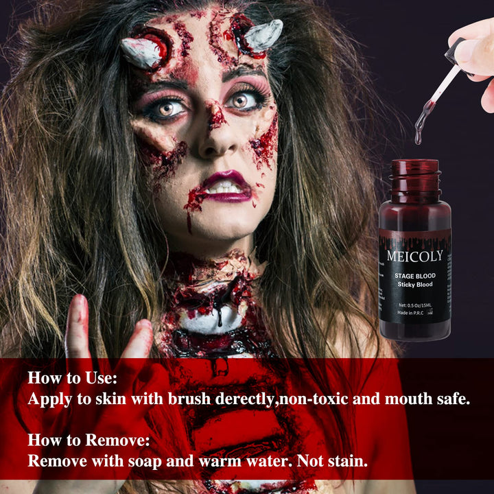 MEICOLY Fake Blood Washable,Edible Stage Blood,0.5 oz Realistic Drips Sticky Fake Blood with Brush,Safe for Mouth,Nosebleed,Halloween,Cosplay,Fake Wound Cut Bites Scar SFX Makeup Special Effects,Dark