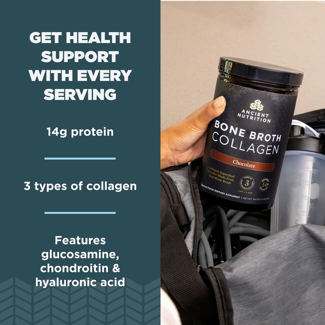 Collagen Powder, Bone Broth Collagen by Ancient Nutrition, Chocolate, Hydrolyzed Multi Collagen Peptides, Supports Skin and Nails, Joint Supplement, 30 Servings, 18.6oz