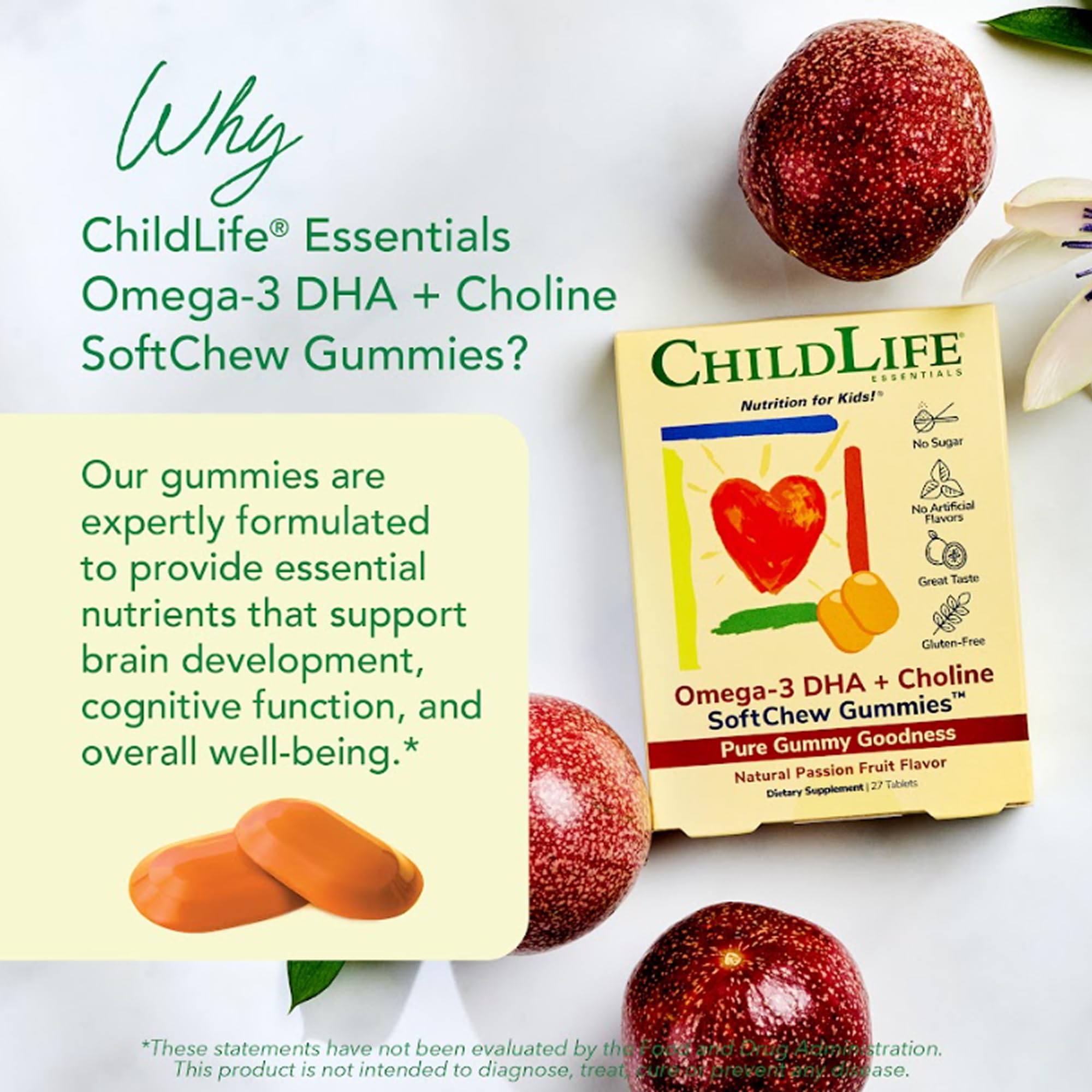 CHILDLIFE ESSENTIALS Omega-3 DHA + Choline SoftChew Gummies - for Kids, DHA for Kids, Omega 3 Gummies with Choline, Fish Oil for Babies, Toddlers & Children - Natural Passion Fruit, 27 Tablets