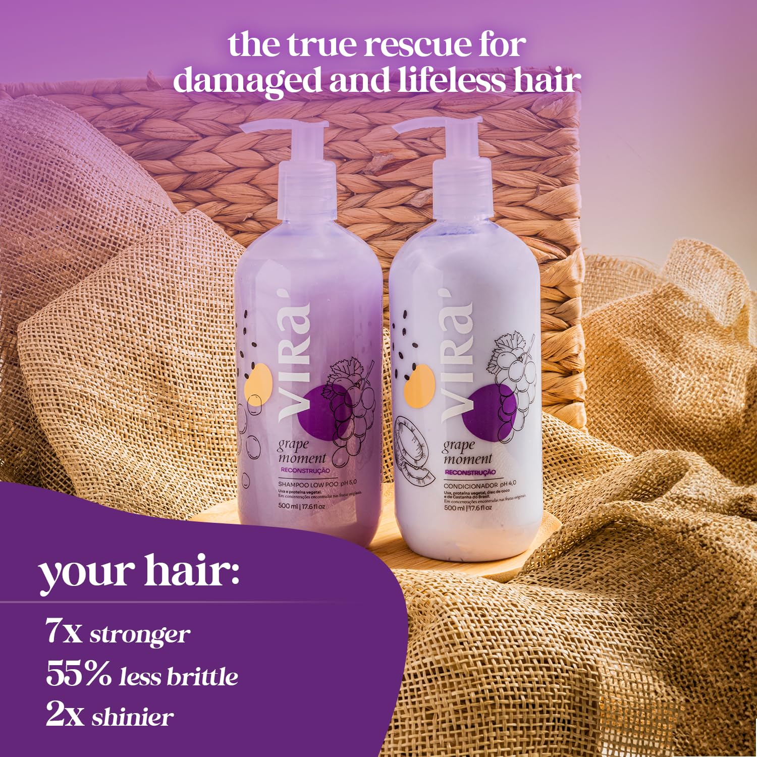 VIRÁ Brazilian Shampoo and Conditioner Set, Parabens Free, Damage Repair & Reconstruction, Anti-Frizz, Color Treated Hair, Triple Hydration, Grape Moment 17.6 Fl Oz Each