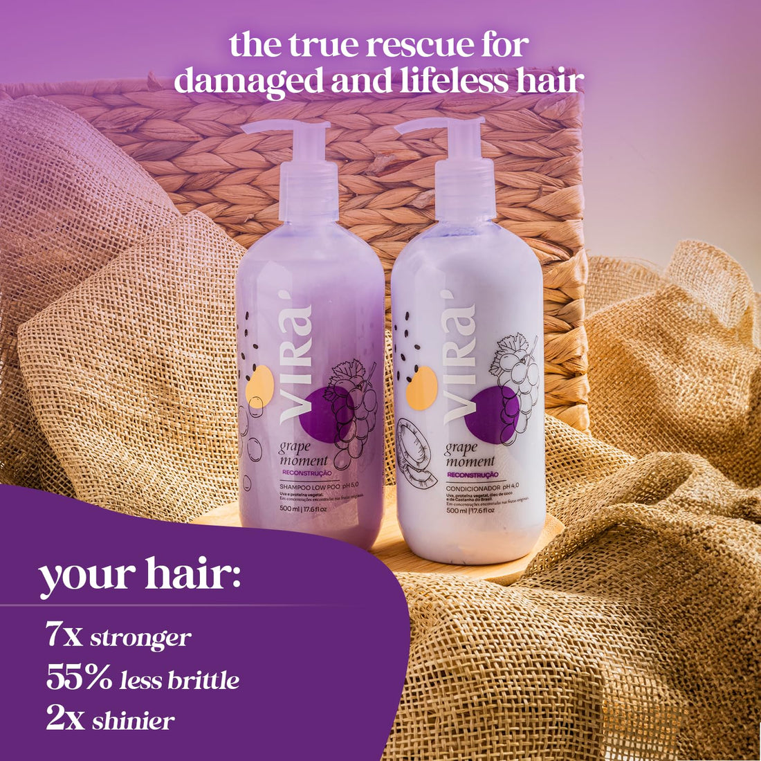 VIRÁ Brazilian Shampoo and Conditioner Set, Parabens Free, Damage Repair & Reconstruction, Anti-Frizz, Color Treated Hair, Triple Hydration, Grape Moment 17.6 Fl Oz Each