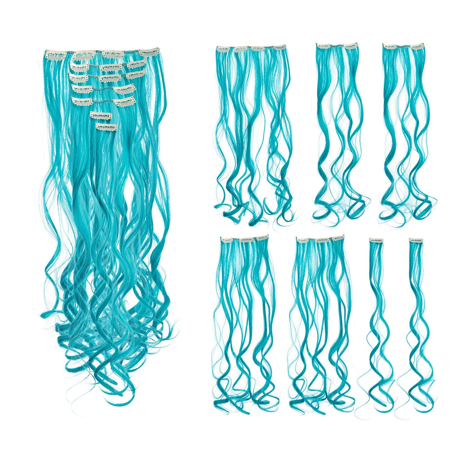 20-Inch Curly, Teal Blue : SWACC 7 Pcs Full Head Party Highlights Clip on in Hair Extensions Colored Hair Streak Synthetic Hairpieces (20-Inch Curly, Teal Blue)