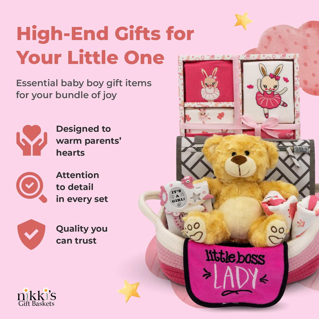 Welcome Home Precious Baby Gift Set | Newborn Baby Girl Gift Set with Baby Essentials | Gift for Expecting Moms and Gender Reveals | Baby Layette Set | Pink Baby Gift Basket | Nikki's Gift Baskets