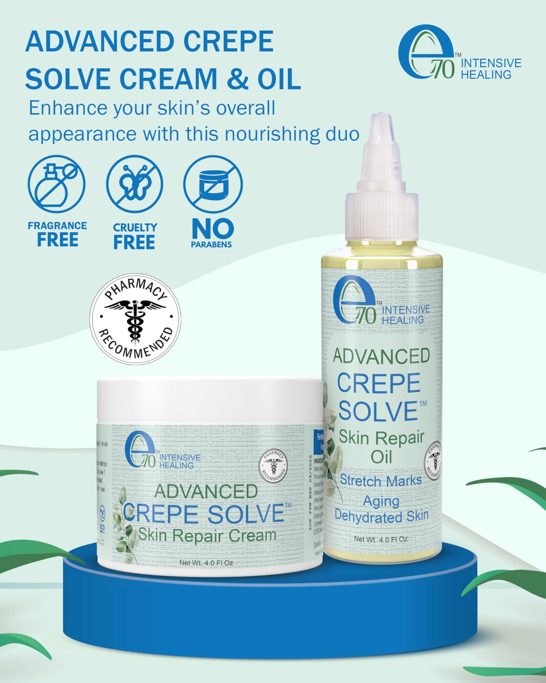 e70 Advance Crepe Solve Skin Firming Cream & Moisturizing Body Oil Set - Made with Natural Oils, Licorice Root & Chamomile Extract - Face & Body Serum & Crepey Skin Smoothing Cream