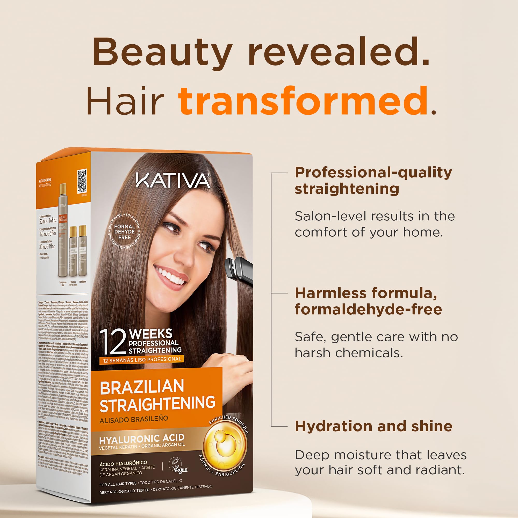 Kativa Brazilian Straightening Kit, 12 Weeks of Home Use Professional Straightening, with Organic Argan Oil, Shea Butter, Keratin & Amino Acids, for Straighter, Softer and Shinier Hair, All Hair Types