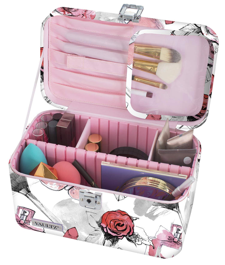 Train Case, Cosmetic Roses: Vaultz Vz03809 Locking Train Case, Makeup Artist Case, Brush Holder and Adjustable Interior, Key Lock and Carry Handle, 10.1 X 6 X 6.2 Inches, Cosmeti