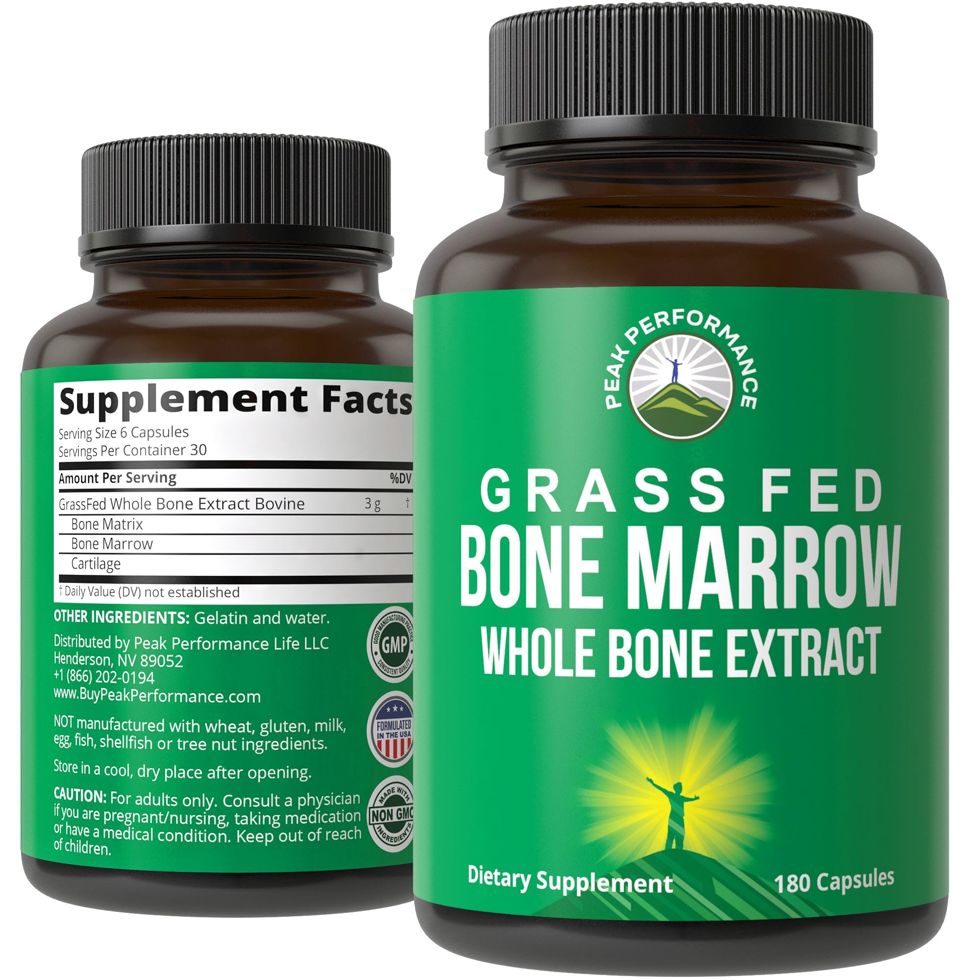 Peak Performance Grass Fed Bone Marrow - Whole Bone Extract Supplement 180 Capsules Superfood Pills Rich in Collagen, Vitamins, and Amino Acids. from Bone Matrix, Marrow, Cartilage. Ancestral Tablets