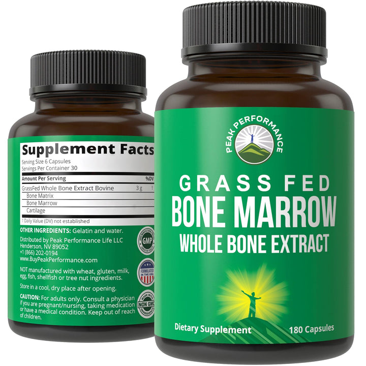 Peak Performance Grass Fed Bone Marrow - Whole Bone Extract Supplement 180 Capsules Superfood Pills Rich in Collagen, Vitamins, and Amino Acids. from Bone Matrix, Marrow, Cartilage. Ancestral Tablets