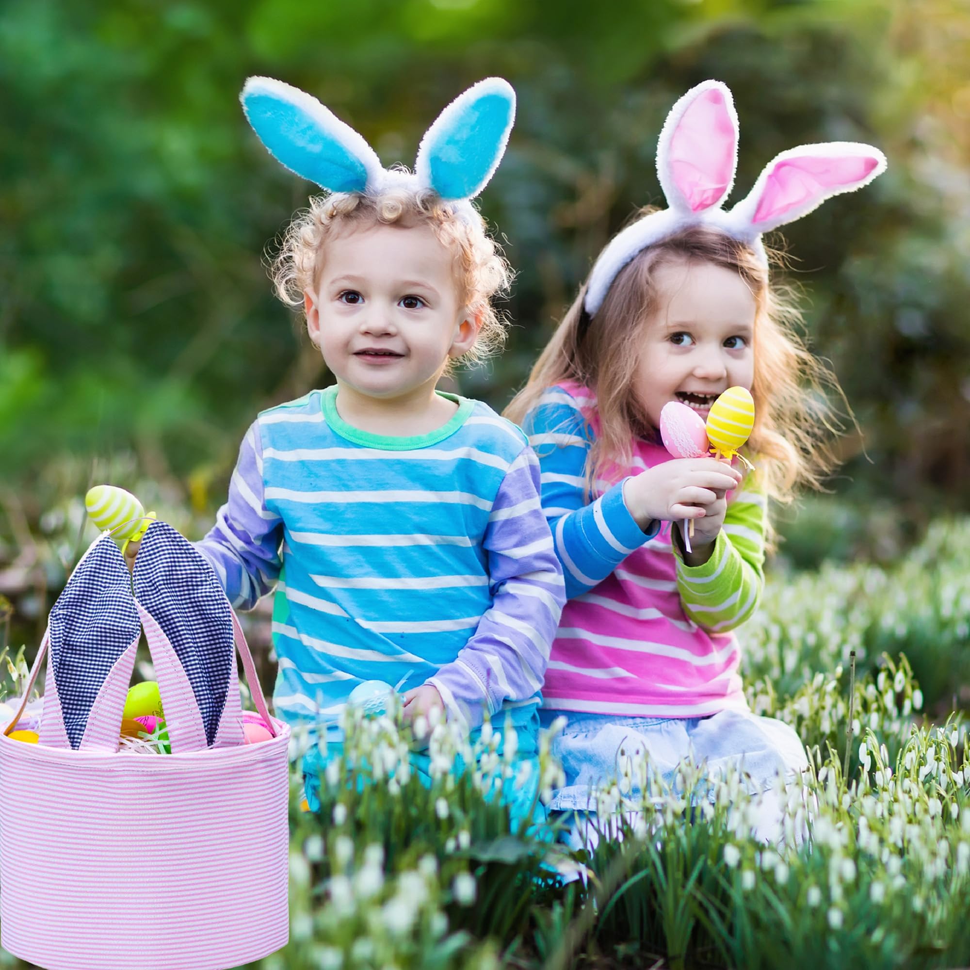 Easter Bunny Basket Seersucker Egg Bags for Kids,Personalized Candy Egg Basket Rabbit Print Buckets with Fluffy Tail Gifts Bags for Easter(Seersucker Pink)……