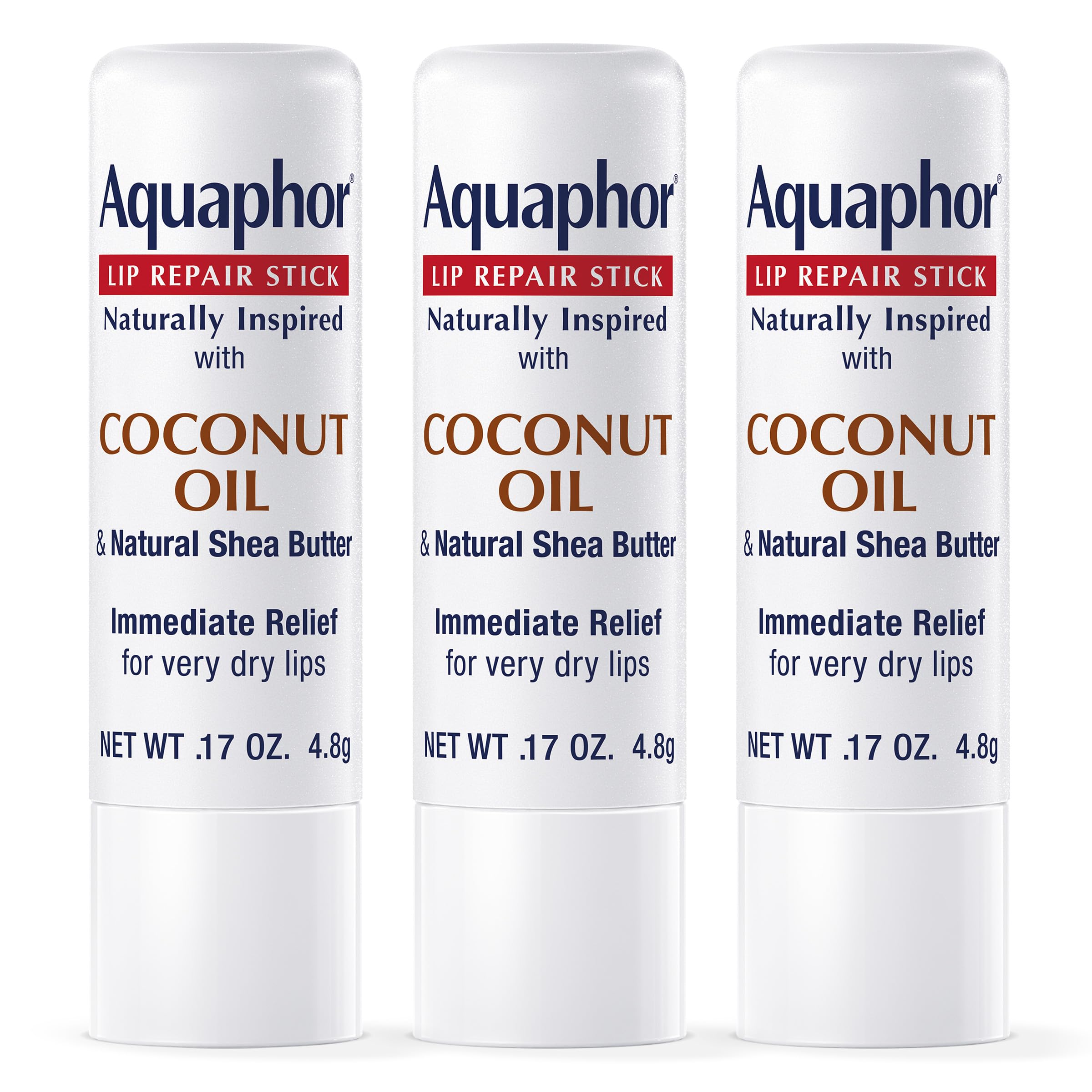 Aquaphor Naturally Inspired Lip Repair Stick with Coconut Oil and Natural Shea Butter, Hydrating Lip Balm Stick Immediately Relieves Dryness and Soothes Chapped Lips, 0.17 Oz Stick, Pack of 3