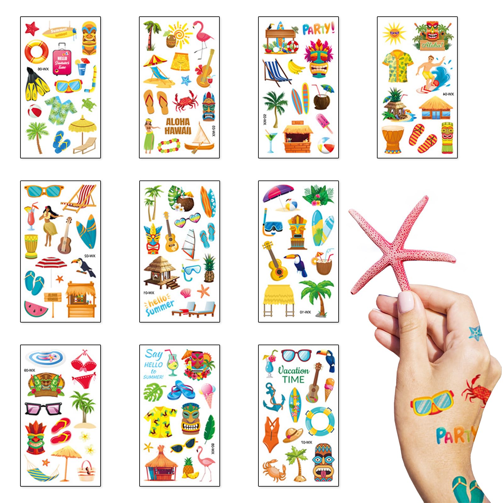 LANGFON 10 Sheet Summer Hawaiian Temporary Tattoos Tropical Beach Theme Temporary Tattoo Sticker Waterproof Palm Tree Surfboard Fake Tattoo for Women Girls Birthday Summer Hawaii Party Favor Supplies