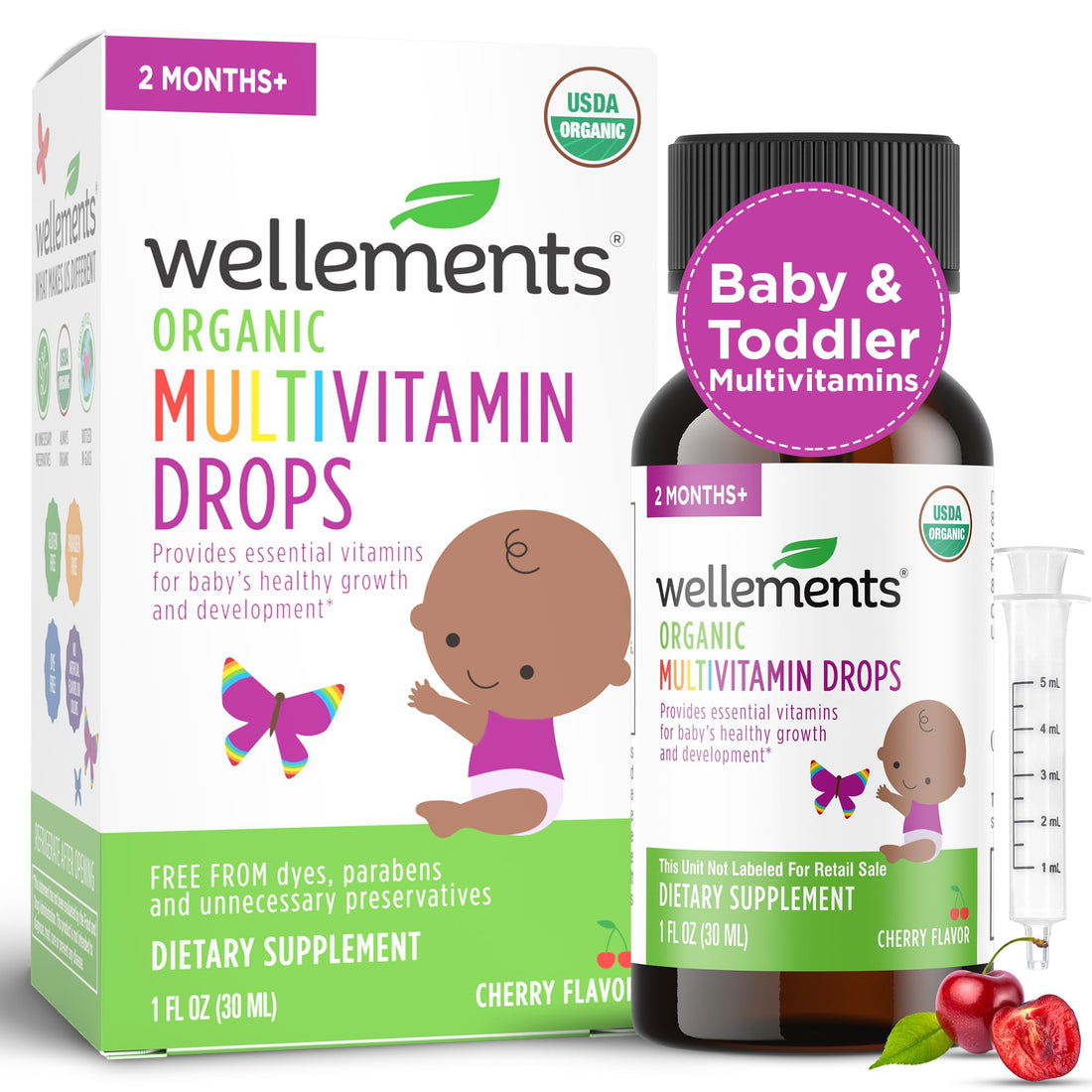 Wellements Organic Baby Multivitamin Drops (1 Fl Oz) - Cherry Flavor Liquid Multivitamins for Infants & Toddlers (2 Months+) - Toddler Vitamins for Immune Support*, Healthy Growth & Bone Development*