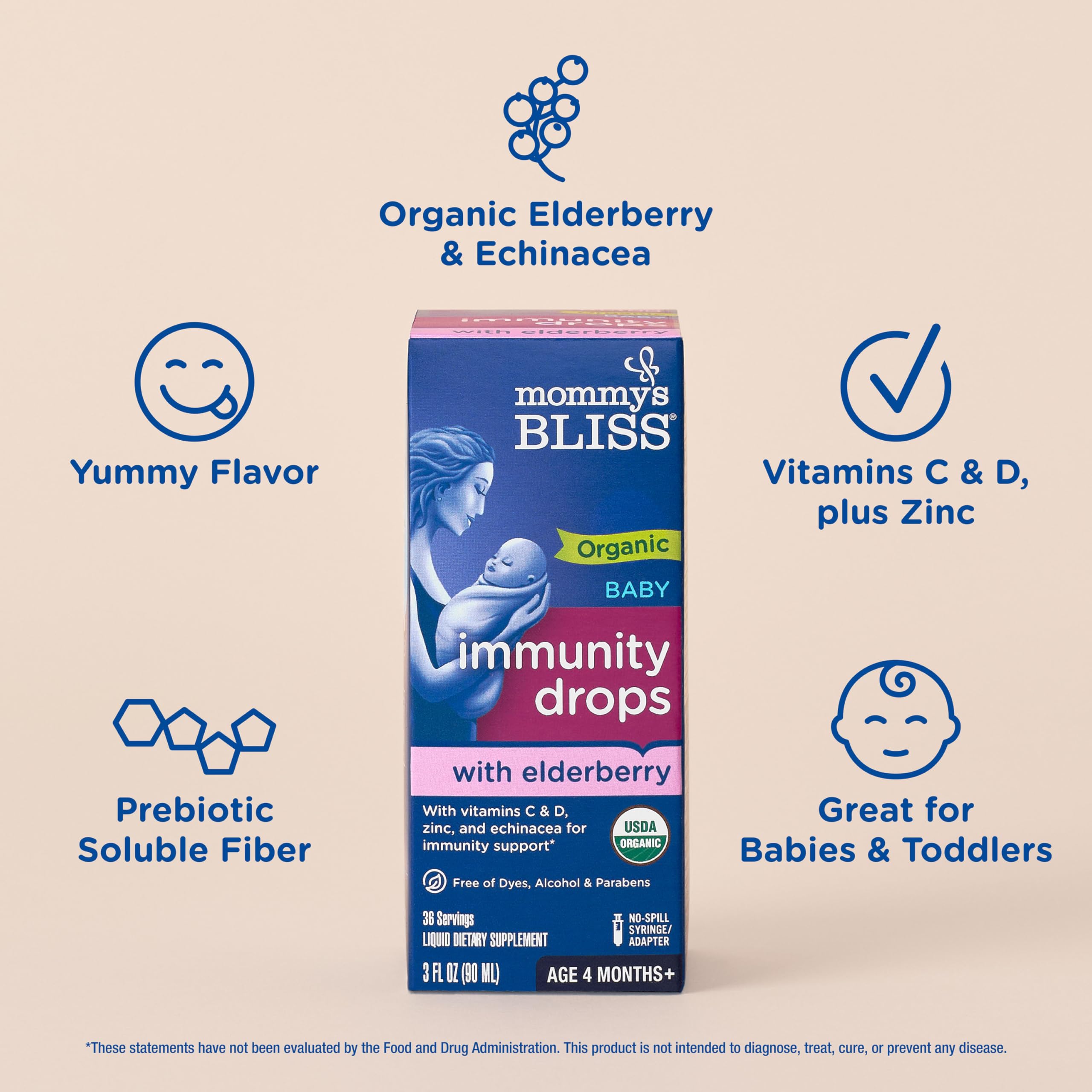 Mommy's Bliss Organic Baby Elderberry Drops, Immune Support with Vitamins, Prebiotics, Zinc & Organic Echinacea, Age 4 Months +, 3 Fl Oz (36 Servings)