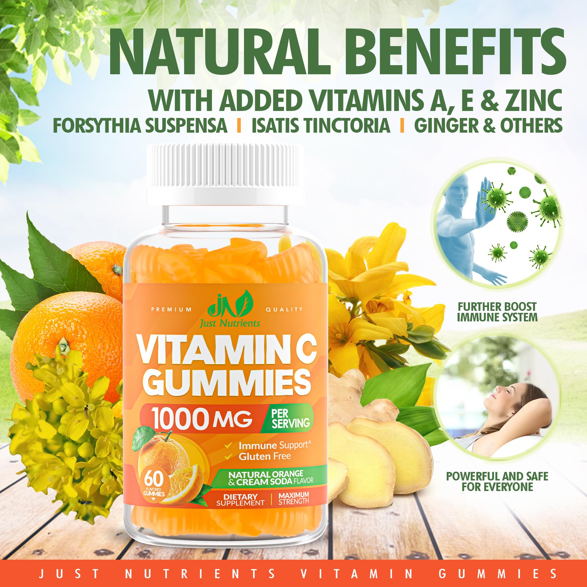 Vitamin C Gummies 1000mg for Adults & Kids – Chewable Multivitamin with Zinc for Immune System & Collagen Support for Skin – Orange Flavor – Gluten Free, Non-GMO, Vegetarian – 60 Gummies