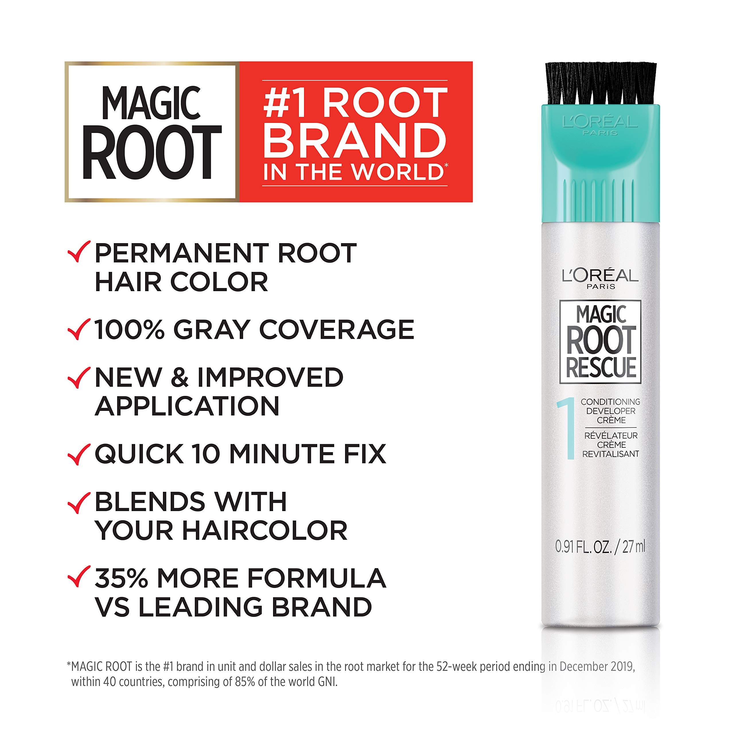 L’Oreal Paris Magic Root Rescue 10 Minute Root Hair Coloring Kit, Permanent Color with Quick Precision Applicator, 100 percent Gray Coverage, 4 Dark Brown, 1 kit (Packaging May Vary)
