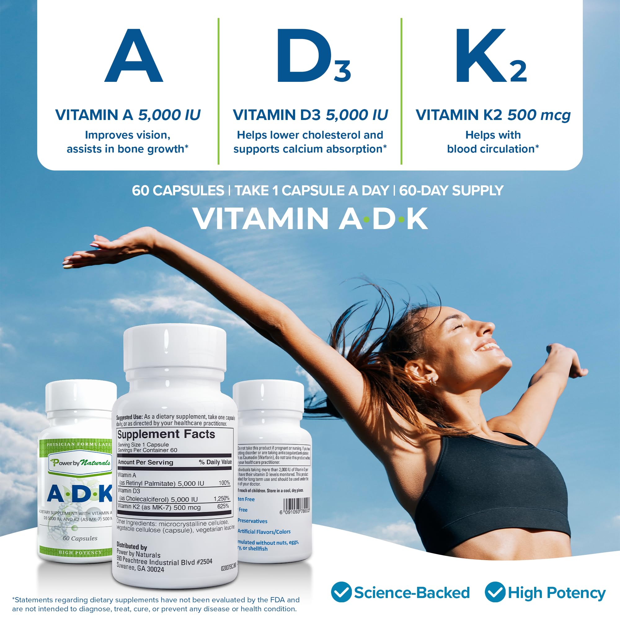 Power By Naturals ADK Vitamin Supplement: Vitamin A, Vitamin D3 5000 iu, and Vitamin K2 MK-7, Support Bone Health Vitamin ADK Supplement, Pure Vitamin D with K & A, 60 Capsules (2 Month Supply)