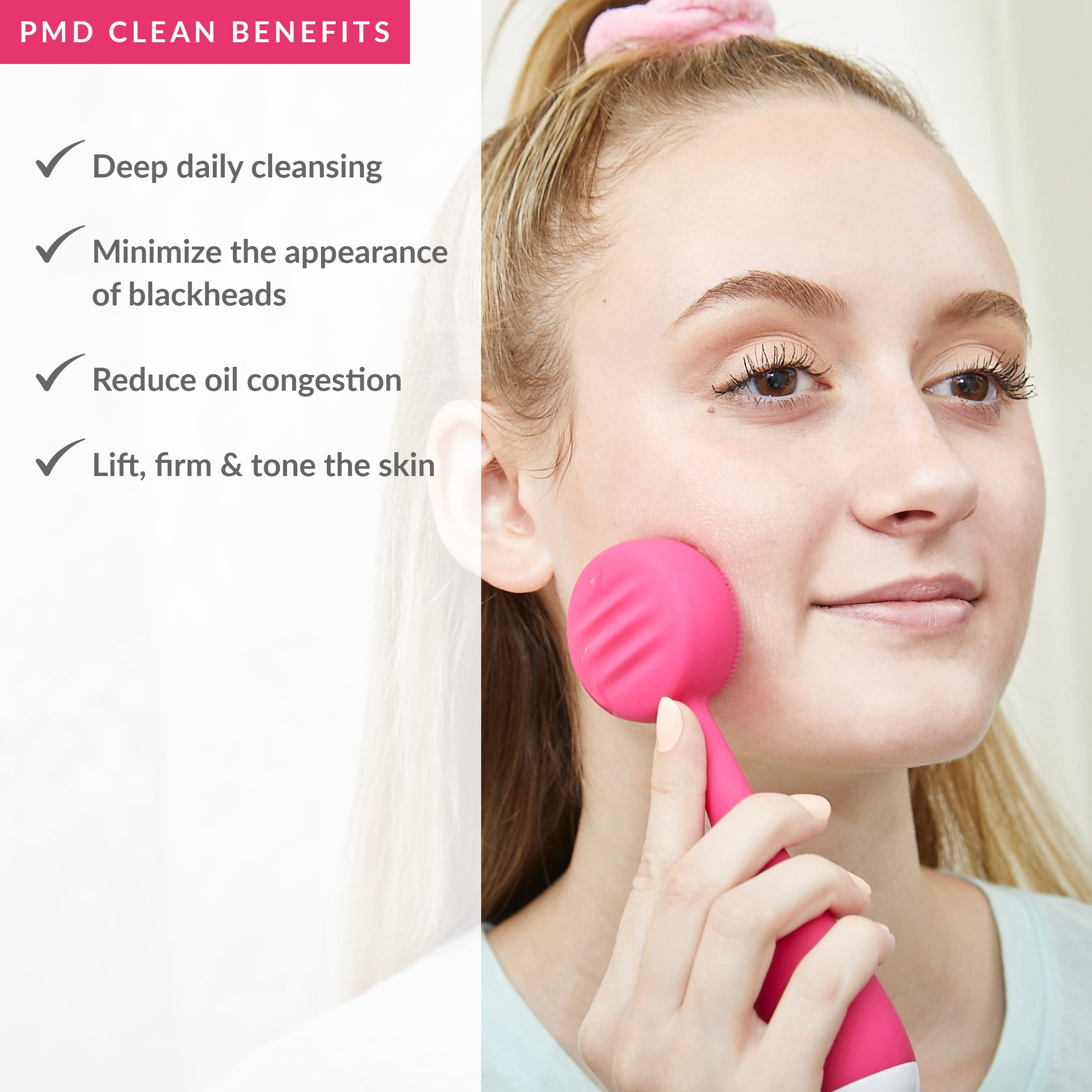 PMD Clean - Smart Facial Cleansing Device with Silicone Brush & Anti-Aging Massager - Waterproof - SonicGlow Vibration Technology - Lift, Firm, and Tone Skin on Face and Body - Pink