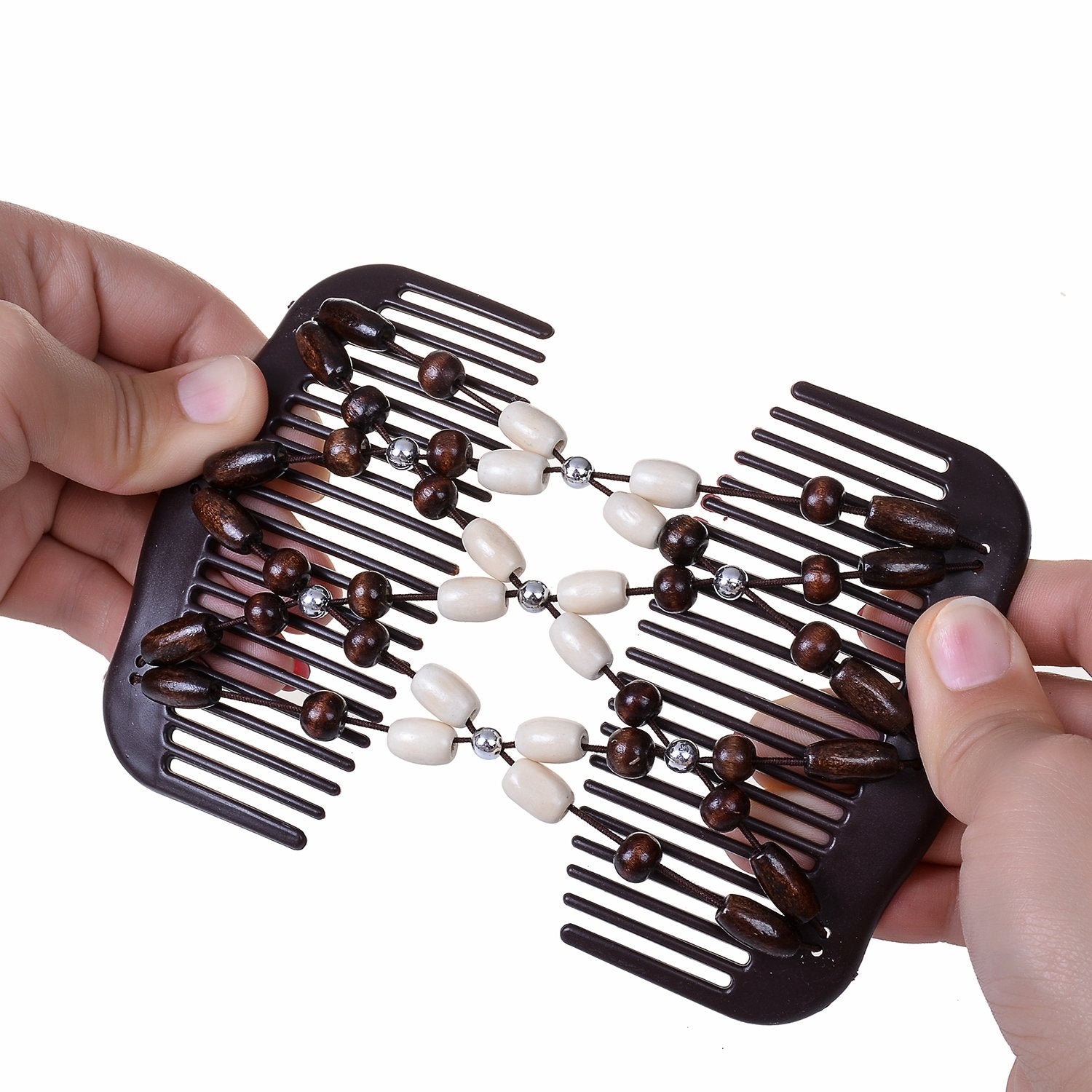 Lovef Women Magic Combs Wood Beaded Stretch Double Side Combs Clips Bun Maker Hair Accessories (Beige)