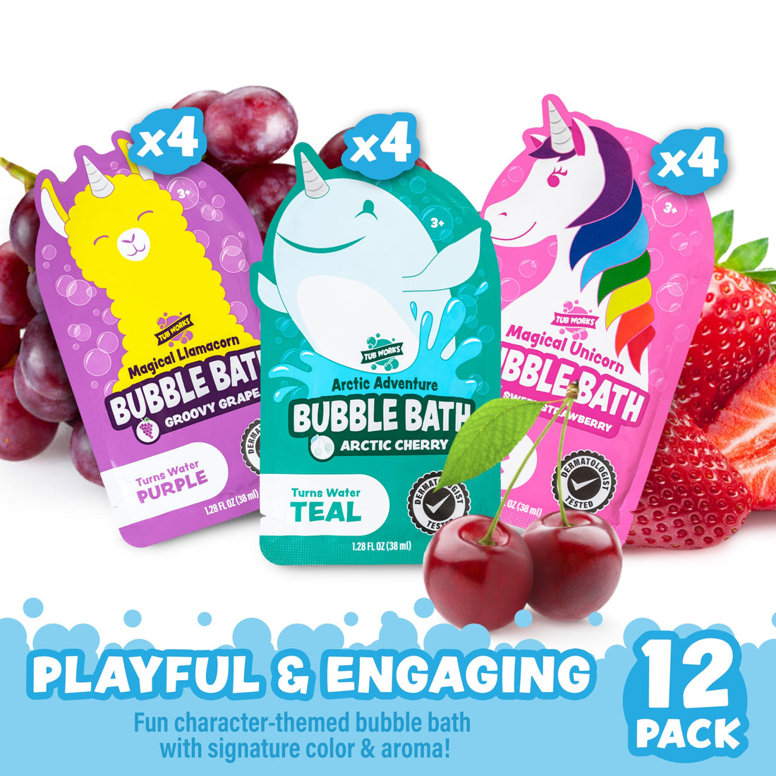 Tub Works® Magical Kids Bubble Bath, Variety 12 Pack | Creates Colorful Bath Water & Tons of Foam Bath Bubbles | Nontoxic | Character-Themed Bubble Bath for Kids Bath | Pink, Purple & Teal Bath Colors