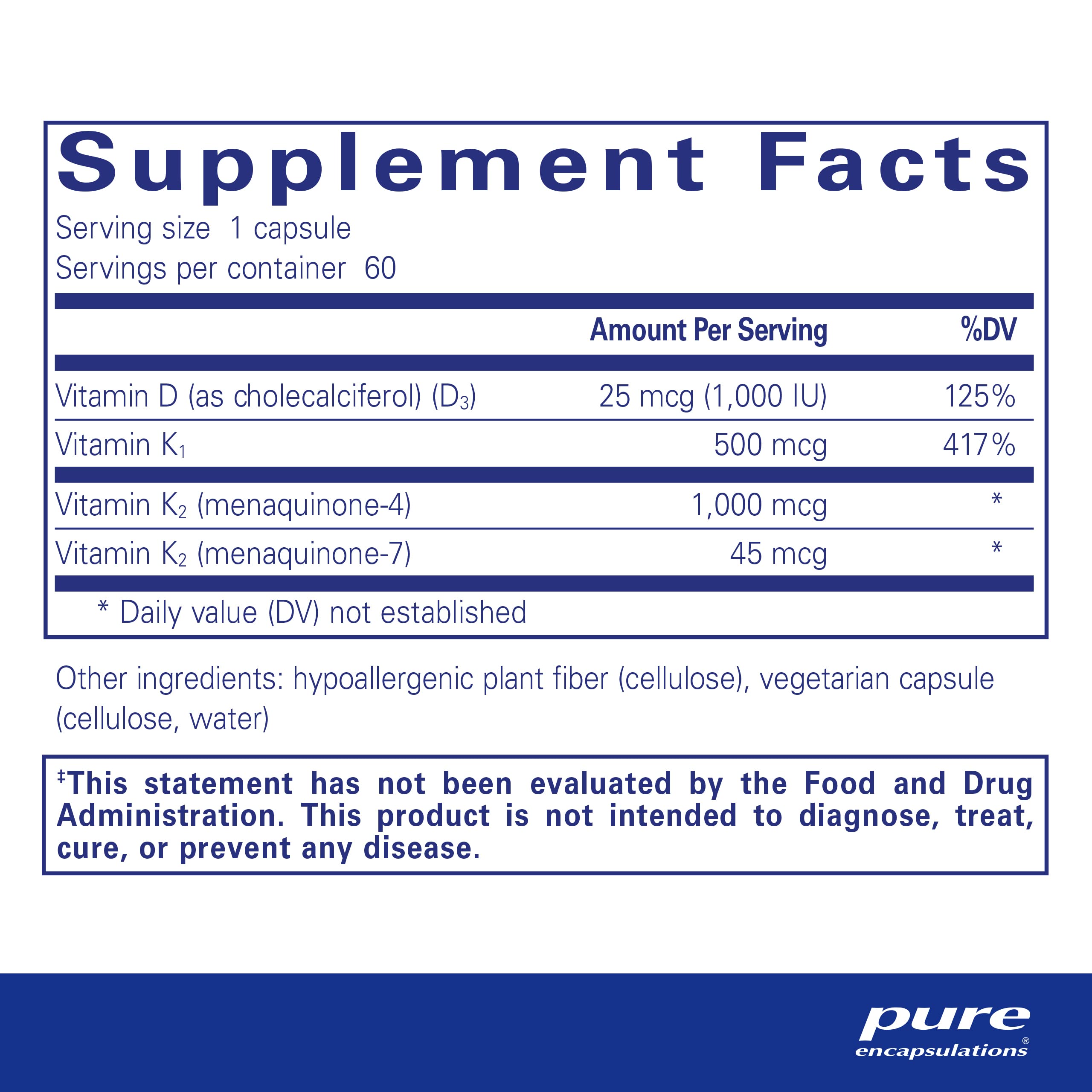 Pure Encapsulations Synergy K - with Vitamin K1, K2 & D3 - Supports Bones, Blood Vessels, Vascular Elasticity & Calcium Utilization* - Includes Cholecalciferol - Gluten Free & Non-GMO - 60 Capsules