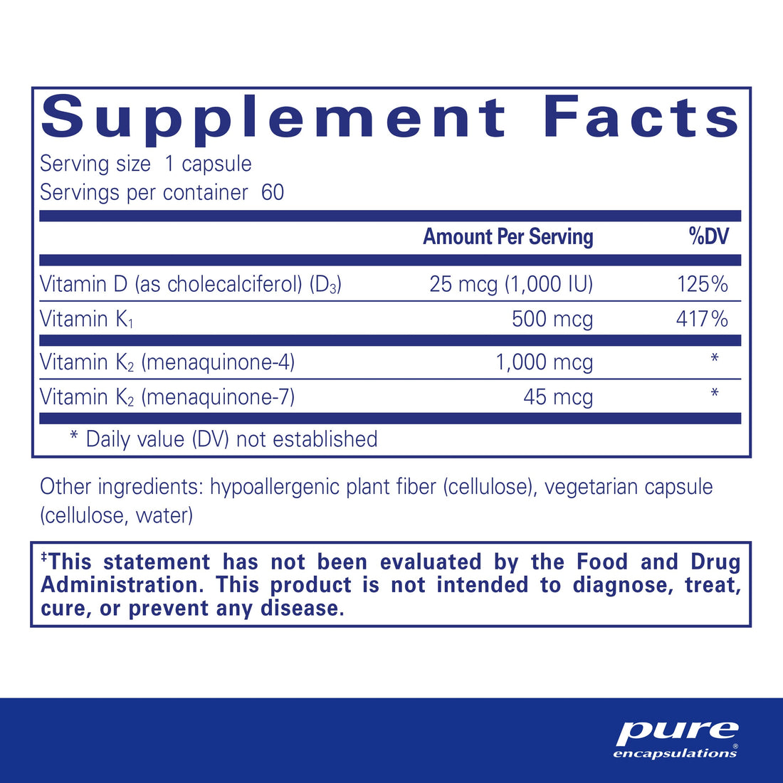 Pure Encapsulations Synergy K - with Vitamin K1, K2 & D3 - Supports Bones, Blood Vessels, Vascular Elasticity & Calcium Utilization* - Includes Cholecalciferol - Gluten Free & Non-GMO - 60 Capsules