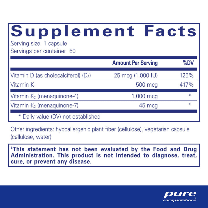 Pure Encapsulations Synergy K - with Vitamin K1, K2 & D3 - Supports Bones, Blood Vessels, Vascular Elasticity & Calcium Utilization* - Includes Cholecalciferol - Gluten Free & Non-GMO - 60 Capsules