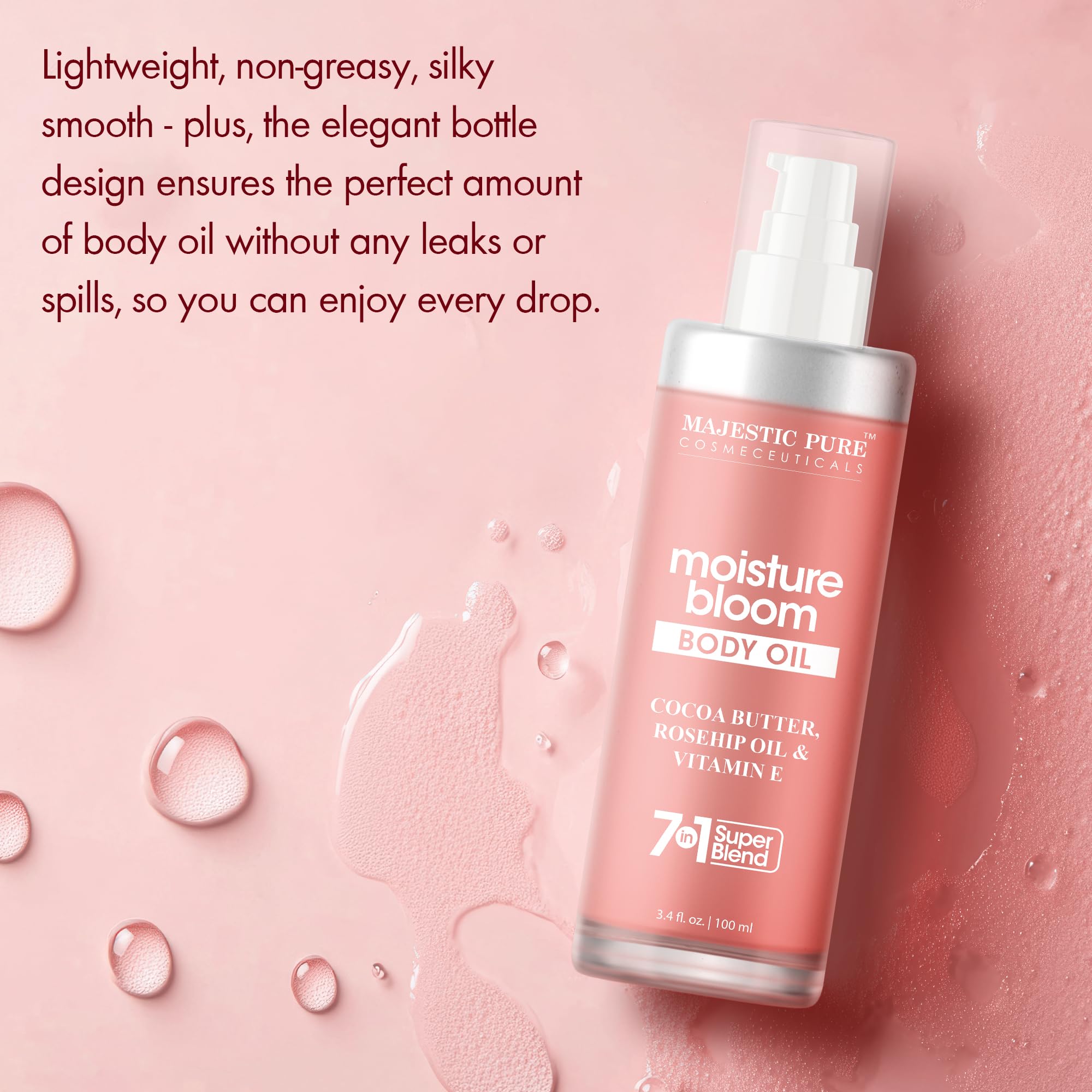 Majestic Pure Moisturizing Body Oil |100% Pure & Natural with Cocoa Butter, Rosehip, Vitamin E | After Shower Body Oils for Women and Men | Scented Radiant Skin Therapy Firming Massage Oil | 3.4 Fl Oz