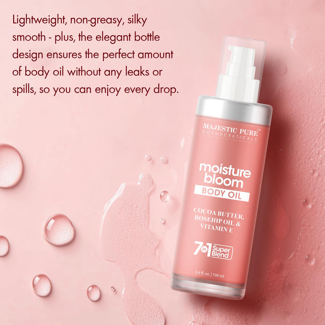 Majestic Pure Moisturizing Body Oil |100% Pure & Natural with Cocoa Butter, Rosehip, Vitamin E | After Shower Body Oils for Women and Men | Scented Radiant Skin Therapy Firming Massage Oil | 3.4 Fl Oz