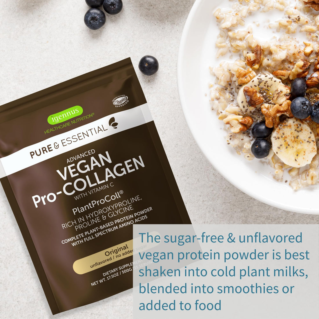 Vegan Collagen Peptide Powder, Enhanced with Glycine, Proline & Hydroxyproline & Cofactor Vitamin C, Non GMO, Complete Vegetarian Plant Based Collagen Powder Booster, 35 Servings, Pure & Essential