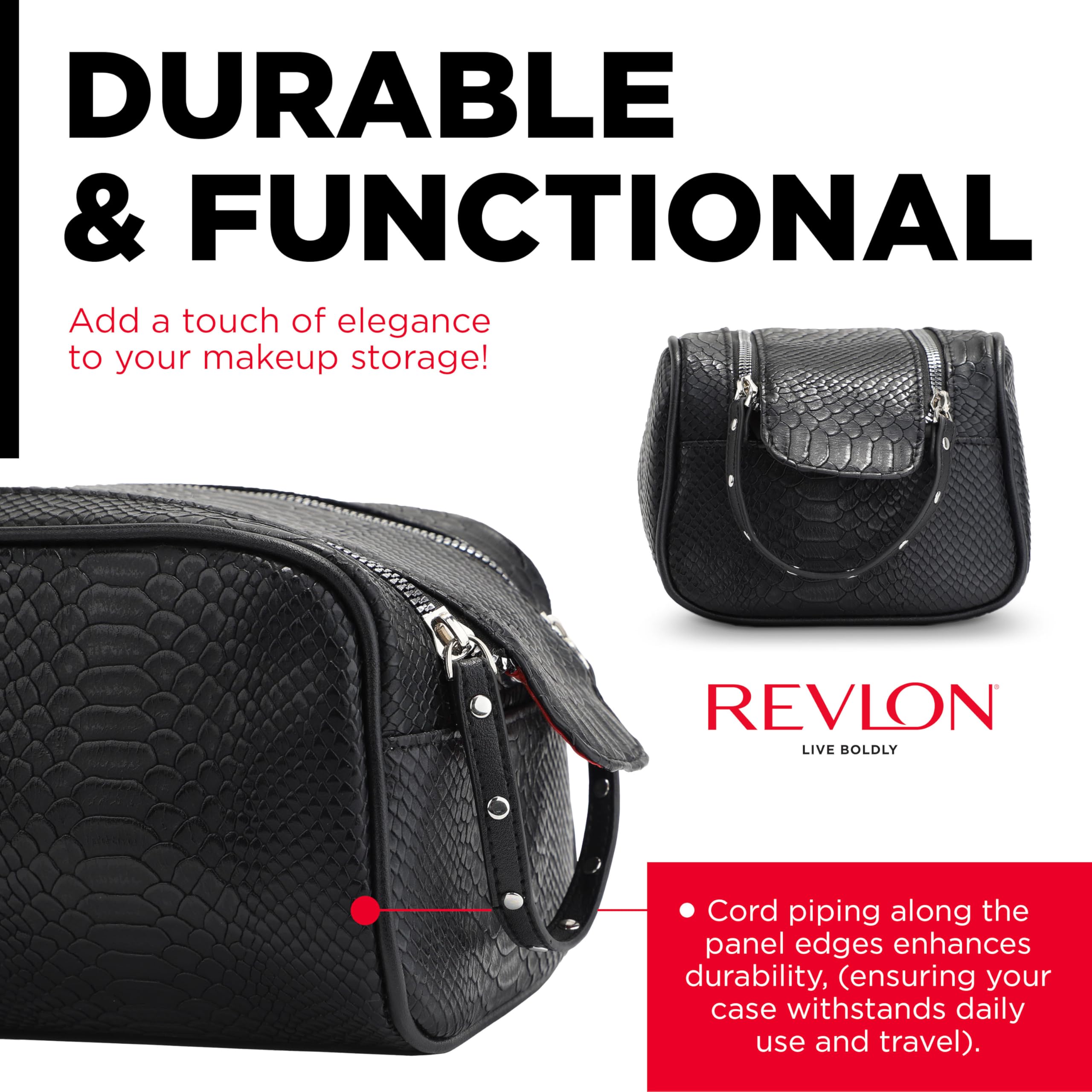 REVLON Croc Embossed Makeup Bag - Small Makeup Pouch, Travel Makeup Organizer with Two Zippers, Cosmetic Bag, Mini Makeup Case with Pockets - Gifts for Women, Ladies, or Teen Girls, Onyx