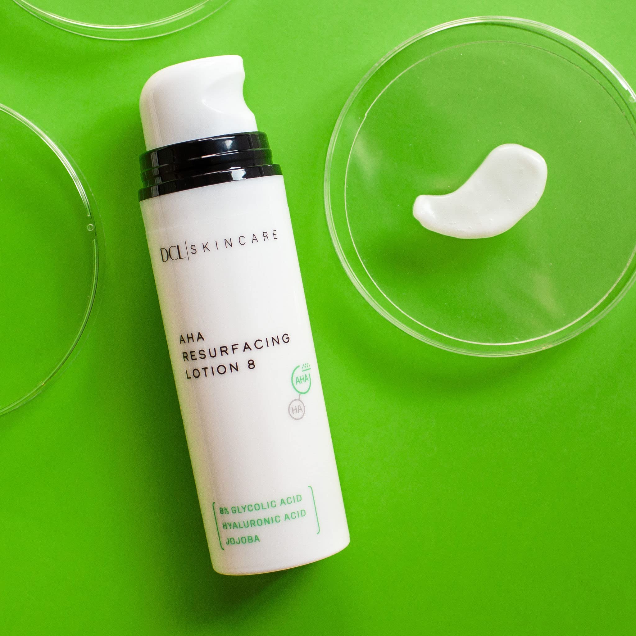 DCL Skincare AHA Resurfacing Lotion 8, 8% Glycolic Acid with Hyaluronic Acid Exfoliates and Hydrates, 1.7 Fl oz