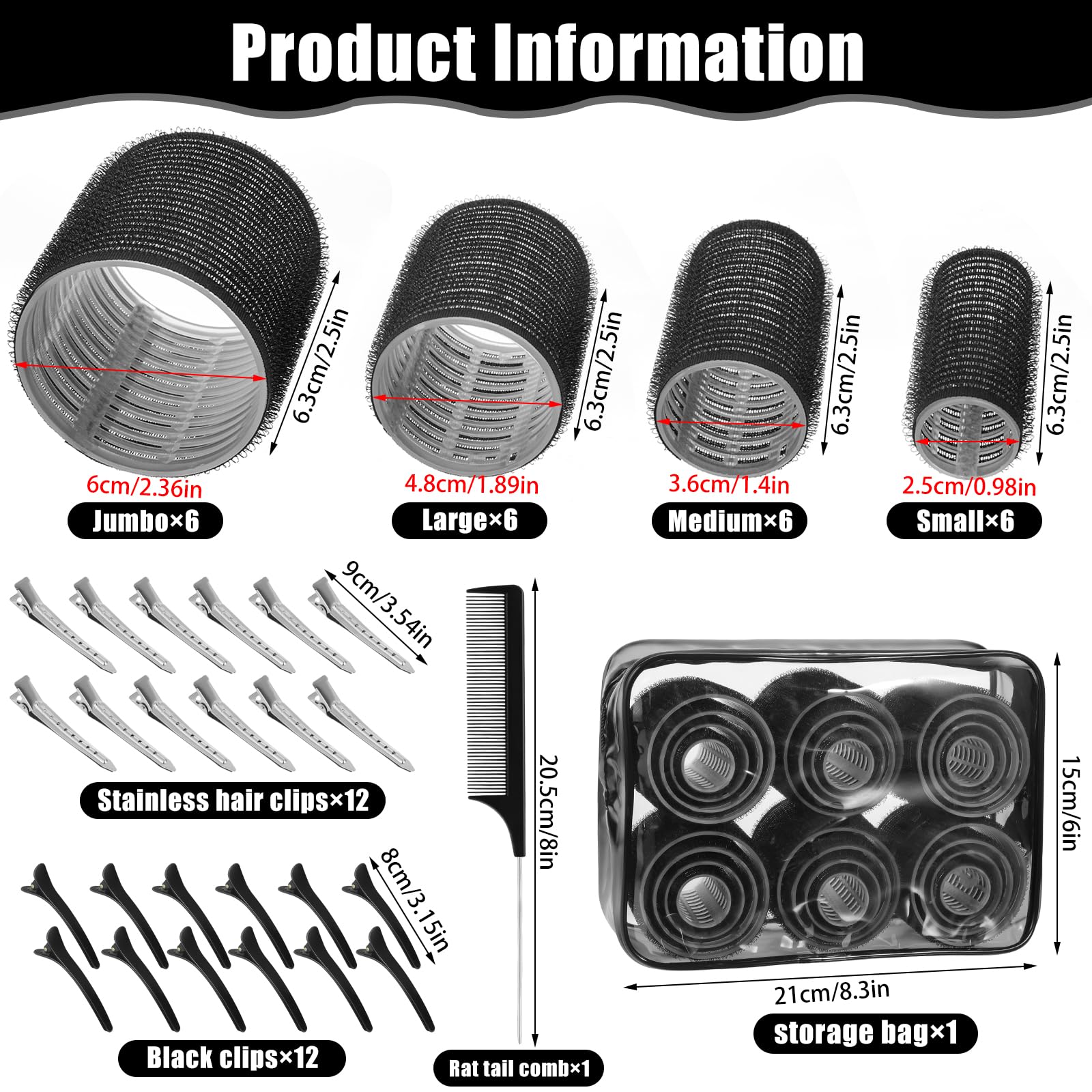 4 Sizes Self-Grip Hair Rollers Set - 50 Pcs Jumbo Curlers for Long, Short Hair and Bangs (25mm, 36mm, 48mm, 60mm) With Clips, Black