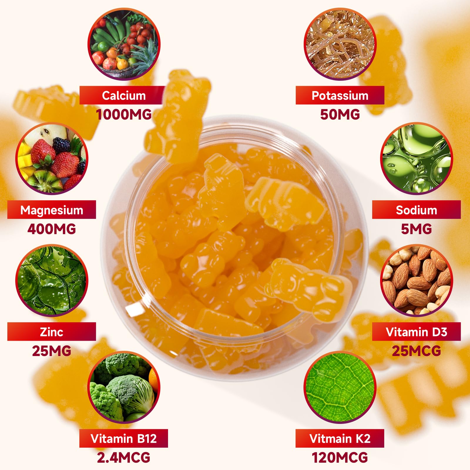 Calcium Gummies 1000mg with Vitamin D3 K2 & B Complex, Potassium, Calcium Magnesium Zinc Gummies for Bone, Muscle, Mood and Immunity - Orange Flavor 60 Gummies